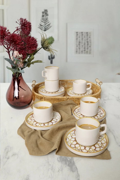Hermia Juego de tazas de té de 12 piezas, Canela y Blanco